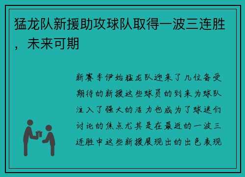 猛龙队新援助攻球队取得一波三连胜，未来可期