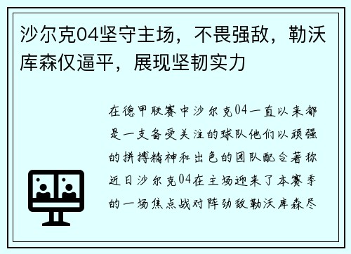 沙尔克04坚守主场，不畏强敌，勒沃库森仅逼平，展现坚韧实力