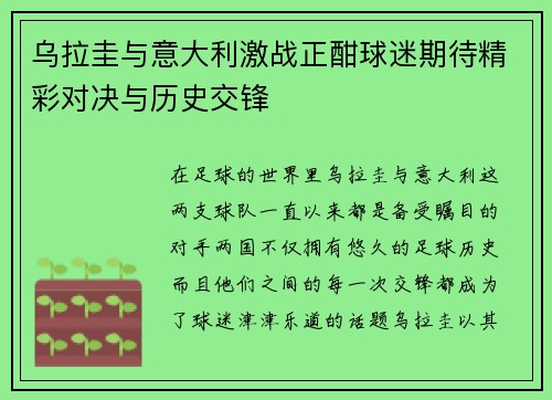 乌拉圭与意大利激战正酣球迷期待精彩对决与历史交锋