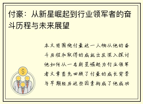 付豪：从新星崛起到行业领军者的奋斗历程与未来展望